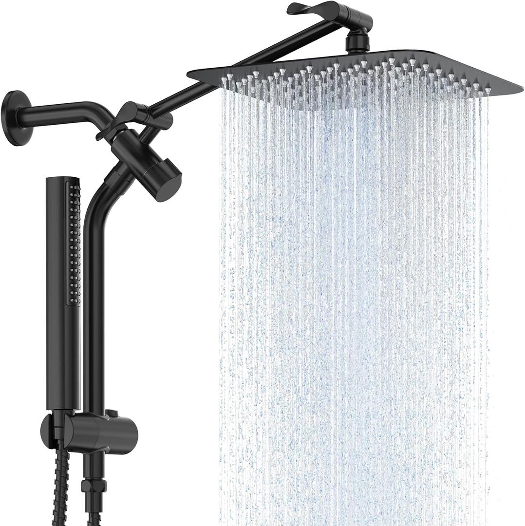 Veken Shower Head, 10'' All Metal Rain Shower Heads with Handheld Spray Combo, Hand Held Bathroom Combo with Extension Arm, Dual shower with Power Wash, Adjustable Rainfall Showerhead Matte Black
