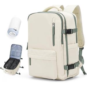 Vacuum Travel Backpack with Pump for Women, Personal Item Carry on Backpacks Flight Approved 18x14x8 inches for Men,Laptop Waterproof Work Compression bags Casual Daypack BeigeGreen (Medium)