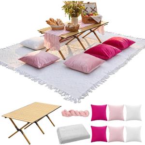Leinuosen 9 Pcs Boho Picnic Set with Folding Low Picnic Table, 91'' x 71'' Extra Large Outdoor Boho Picnics Blanket, Pink Table Runner & 6 Throw Pillow Covers for Wedding, Party Decor, 23.62 x 47.24 x 16.93 inches
