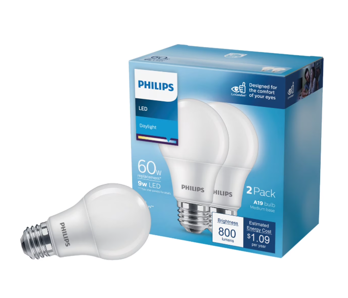 Philips EyeComfort 60W Equivalent Daylight A19 Medium LED Light Bulb (2-Pack)