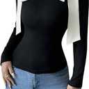 Women's Bow Knot Shoulder Colorblock T Shirt Long Sleeve Slim Fit Elegant Tee Tops (Large, Black)