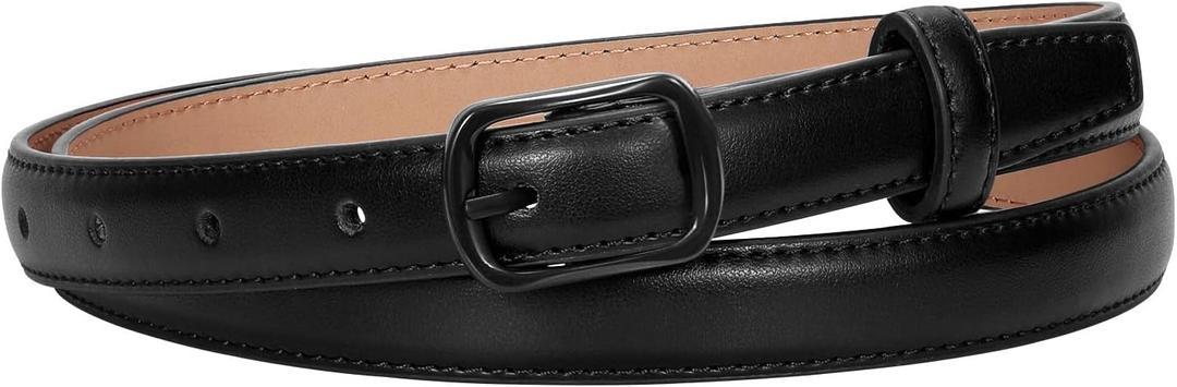 XZQTIVE Black Skinny Belt for Women Jeans Thin Leather Waist Belts With Black Metal Prong Buckle (Fit Pants 30-36in)