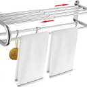 BESy Adjustable 15-25 Inch Towel Rack with Shelf for Bathroom and Lavatory Towel Shelf Double Towel Bar Rod 4 Hooks Wall Mount Multifunction Towel Holder Hotel Style Stainless Steel Polished Chrome