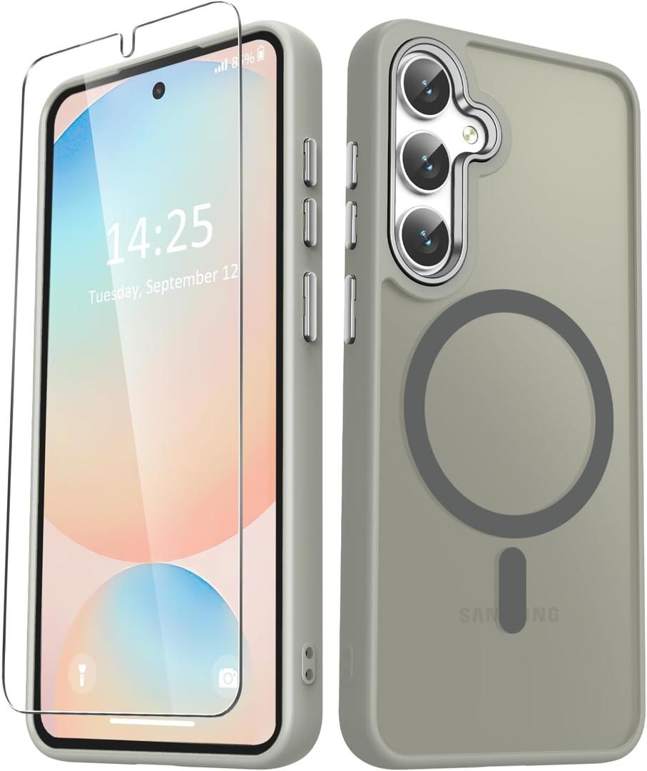 for Samsung Galaxy S25+ Plus Case, Matte Magnetic Phone Case with 1 Screen Protector, Support for Magsafe, Translucent Frosted Shockproof Protective Cover for Samsung Galaxy S25+ Plus, Gray