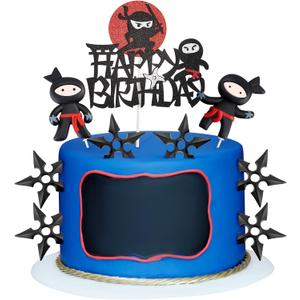9 Pcs Ninja Happy Birthday Cake Toppers Black Red Glitter for Ninja Theme Birthday Party Karate Kung Fu Warriors Cake Decorations Supplies