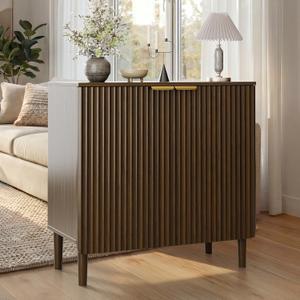 Sideboard Buffet Storage Cabinet - Wood Cabinets with Adjustable Shelves Fluted Doors, Anti-Tip Console Table for Kitchen Dining Living Room or Entryway Hallway, Easy Assembly, Walnut, 15"Dx31.5"Wx31.1"H