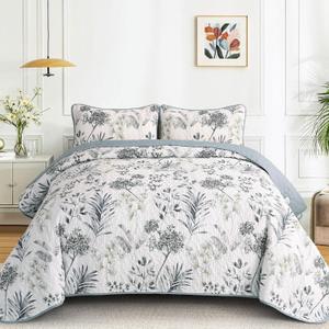Anibedding Queen Size Quilt Sets Blue Floral Pattern Quilt Bedding Set, 3 Pieces Botanical Quilt Soft Microfiber Bed Coverlet for All Season(96" x 90)