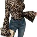 BEAUDRM Women's Y2K Leopard Print Top Mock Neck Ruched Shirt Cheetah Print Tee Shirt Long Bell Sleeve Slim Fit T Shirt (S)