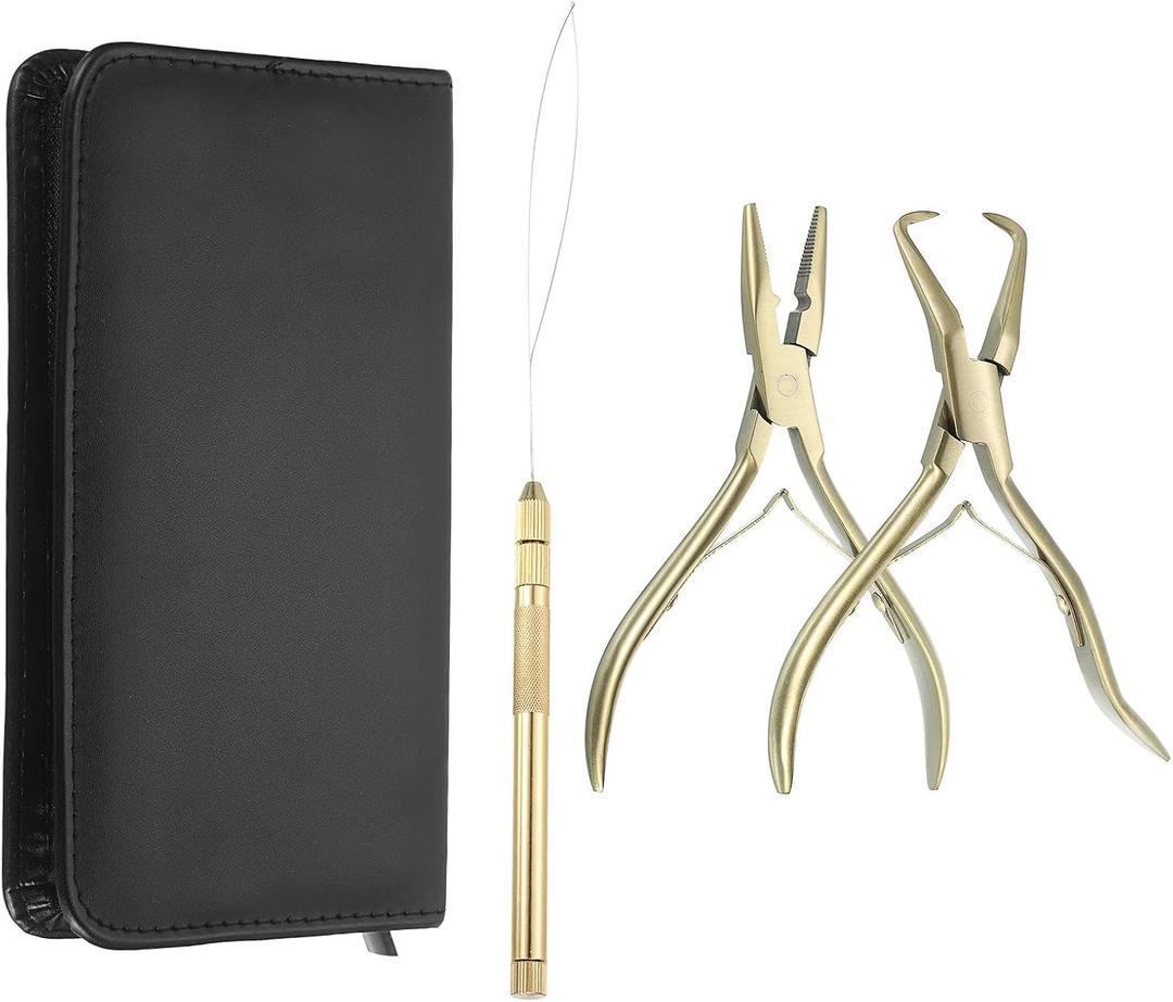 HARFINGTON Hair Extension Beading Tool Kit Stainless Steel Hair Extensions Micro Link Bead Closer and Remover Pliers Micro Ring Loop Needle Pulling Hook Bead Device Tool Kits, Gold Tone