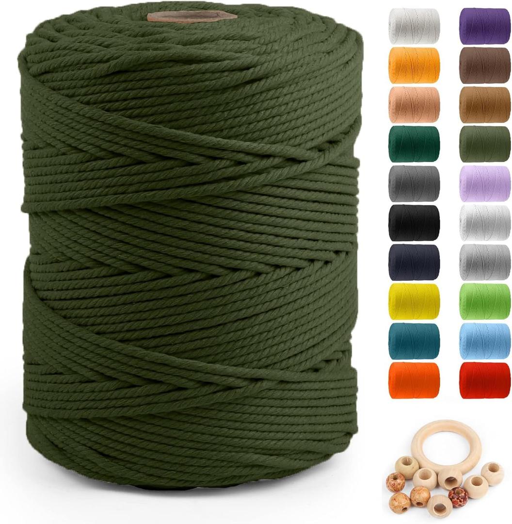 Macrame Cotton Cord 5mm x 328yds, ZUEXT Natural Handmade Army Green Braided Cords 4 Strands Knitted Rope String for Craft Wall Hanging Weaving Tapestry Dream Catchers Hanger DIY Gift (300m)