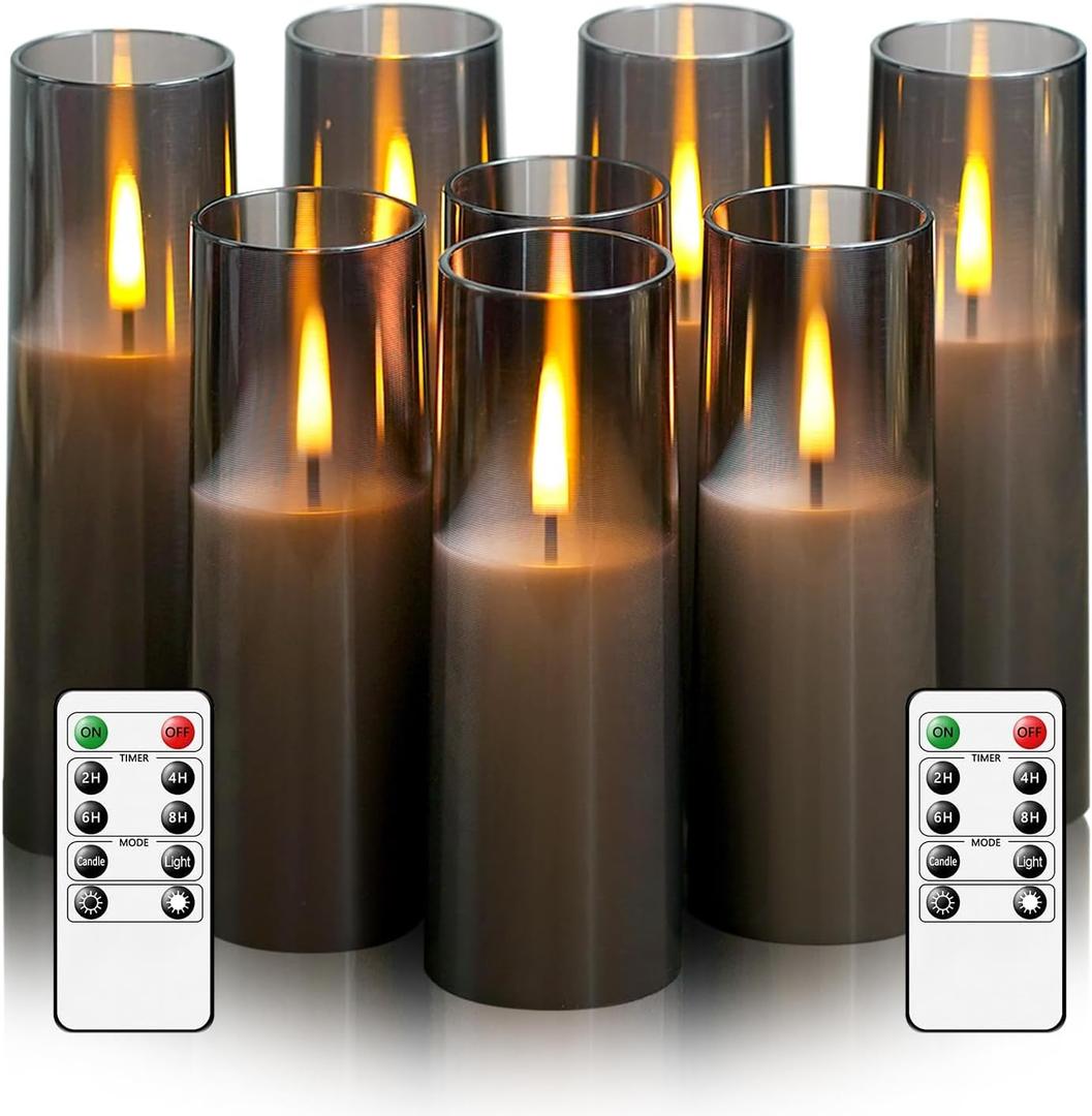 8 Packs Flameless Candles, Battery Operated with Remote, Arcylic LED Flickering Candles, Realistic Dancing Flame Pillar Candles for Home, Wedding, Christmas Party D2.2 (Grey)