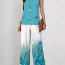 2 Piece Sets for Women Sleeveless Leaf Graphics Vest Top and Solid Color Wide Leg Long Pants Travel Outfits Lounge Set (Blue, XXL)