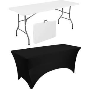 1 Set 6 FT Rectangle Folding Table with Carrying Handle, Lightweight Fold-in-Half Utility Table, with Matching Black Stretch Spandex Covers, Ideal for Weddings, Parties, Camping, Banquets, Crafts