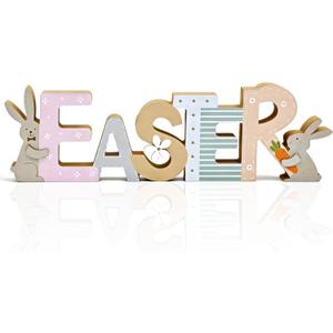 Easter Wooden Bunny Table Decor Farmhouse Spring Holiday Sign Rustic Rabbit Wood Decoration for Tiered Tray Mantel Shelf Dining Table Indoor Party Home Decor