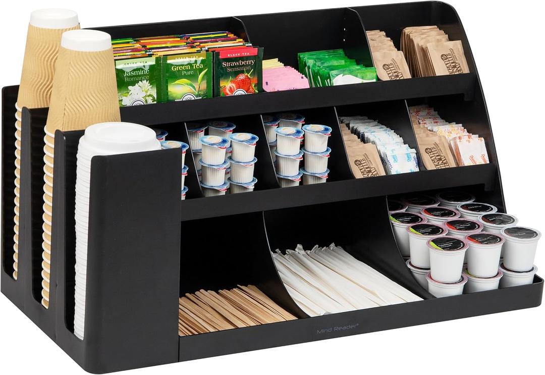 Mind Reader Cup and Condiment Station, Countertop Organizer, Coffee Bar, Kitchen, Stirrers, Black