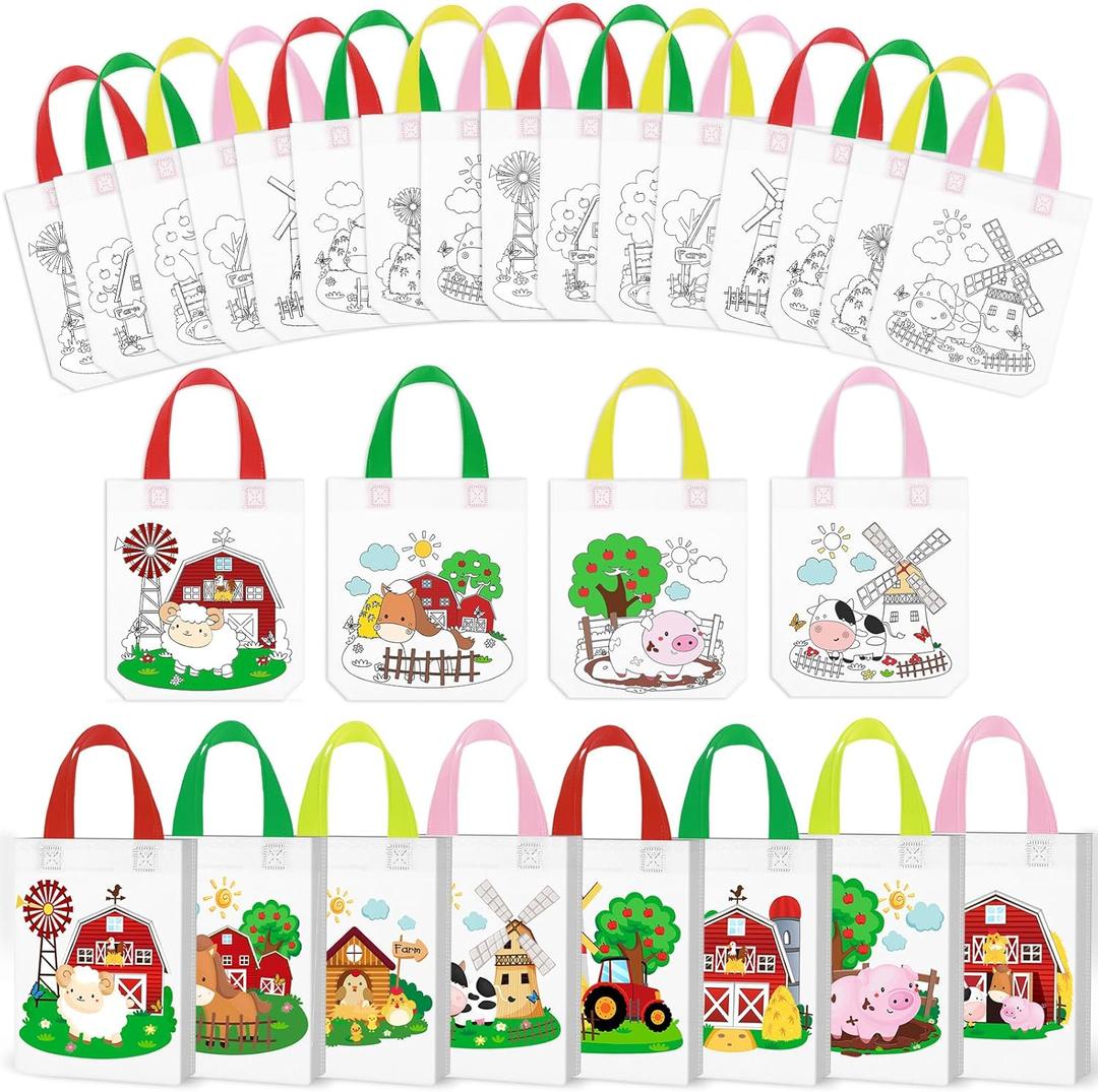Kajaia 24 Pcs Coloring Tote Bags for Kids Non Woven Farm Gift Bags Cute Animal Reusable Goodie Handbags Both Side DIY Your Own Favors for Farmhouse Birthday Farmhouse Party Supplies