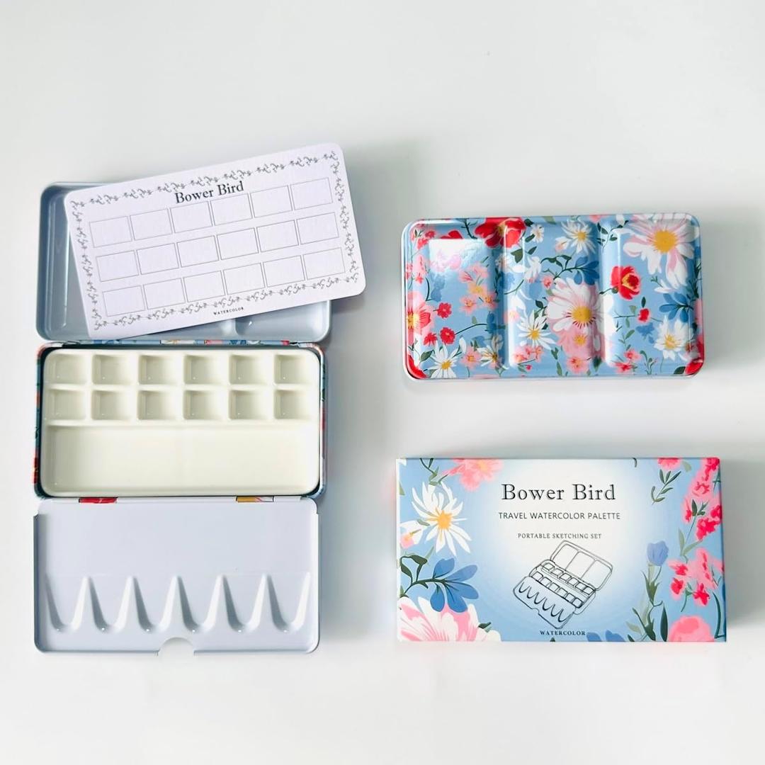 Bower Bird Travel Watercolor Palette,Portable Ceramic Palette 16 Well,Empty Paint Palette,Small Travel Metal Paint Boxwith Porcelain Palette (12Well)