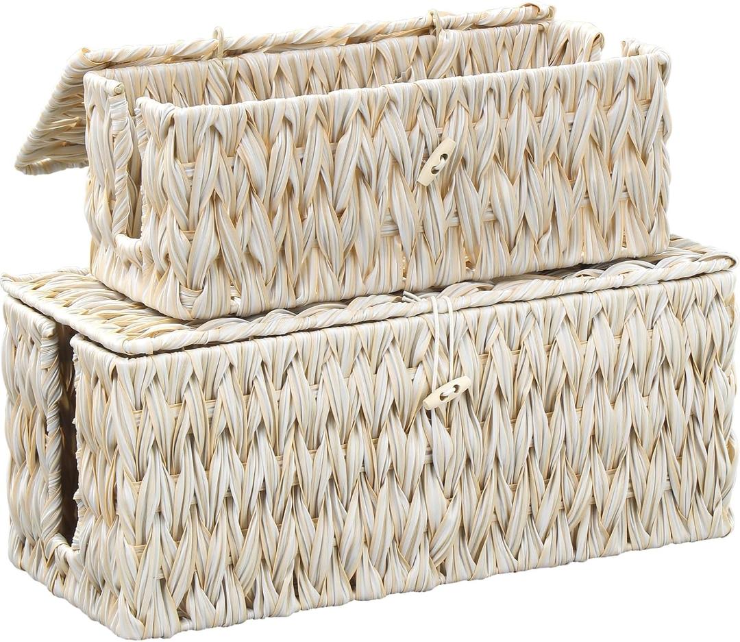 Cable Management Box,Boho Decorative Handwoven 2 Open Slots Cord Organizer Hider Box with Lid for TV Wires, Computer, Router, USB Hub and Under Desk Power Strip (Milky White)