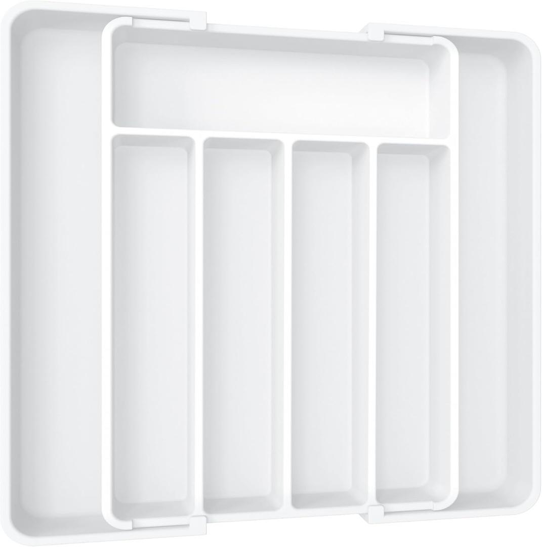Aujen Expandable Kitchen Drawer Organizer - Adjustable Utensil Organizer, Multipurpose Storage Solution for Forks, Knives, White (Medium)