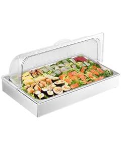 VEVOR Countertop Food Serving Display Container, 1 x 1 Pan Stainless Steel Food Serving Tray, Buffet Condiment Dispenser Display Rack with Clear Lid & 3 Ice Trays, for Restaurant Hotel Kitchen Party