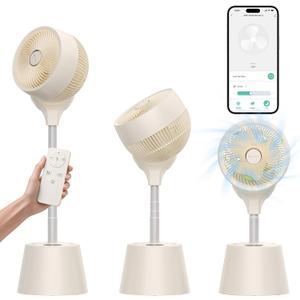 Rechargeable Smart Pedestal Fan, 20dB Quiet 360° Oscillating Fan | DC Motor Wi-Fi App & Remote Control, 6 Speeds, 8-12Hrs Built-in Battery, Height Adjustable fan for Bedroom Patio Travel, 1 pack