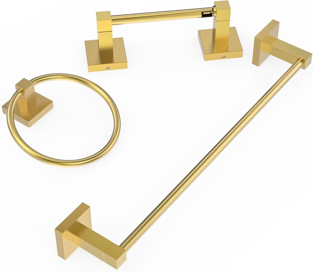 RUACQ 3 Pieces Bathroom Hardware Set, SUS 304 Stainless Steel Toilet Paper Holder, Towel Ring, 18-inch Towel Bar Set, Wall Mounted, Heavy Duty (Brushed Gold)