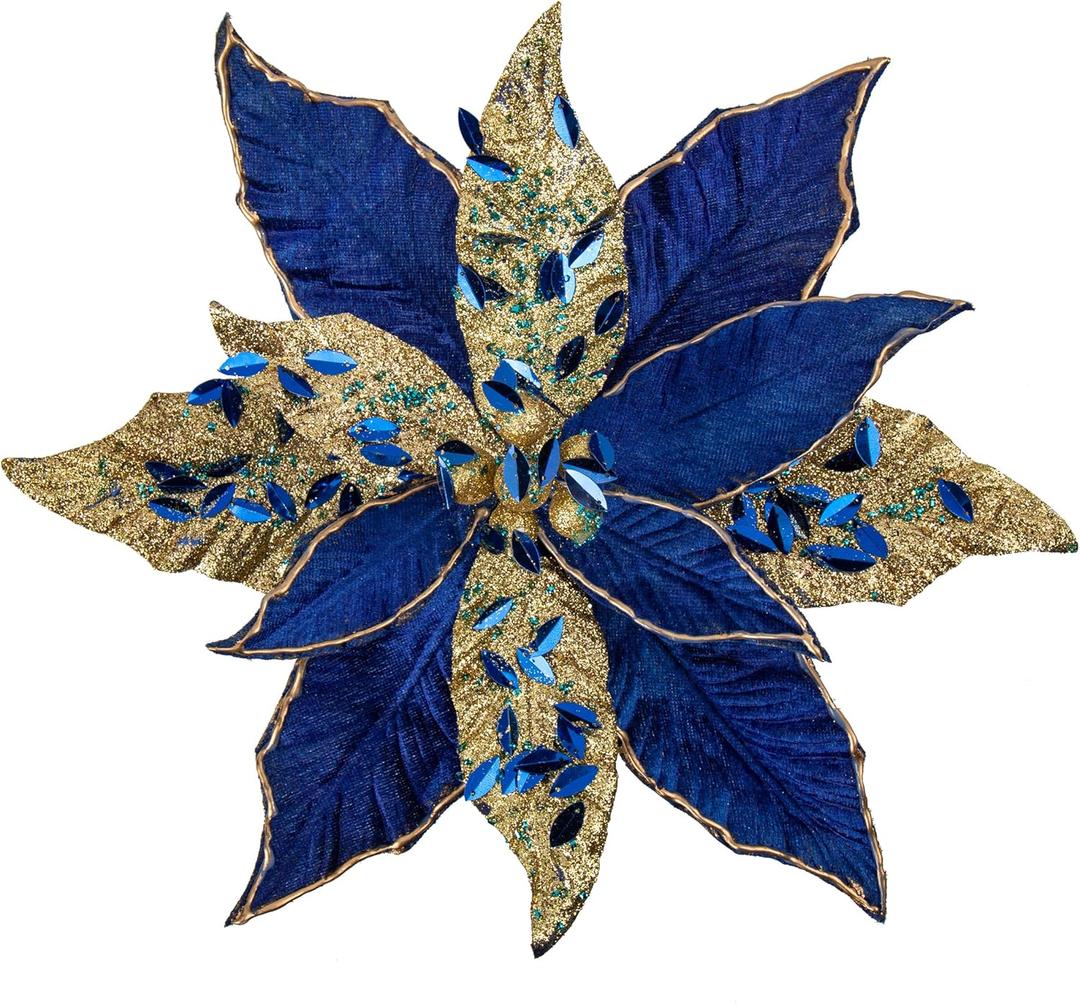 Briful 12'' Large Heads Christmas Glitter Poinsettia Flowers Christmas Tree Ornaments Set of 4 Artificial Flowers with Picks Stems for Xmas Tree Party DIY Holiday Decorations, Dark Blue