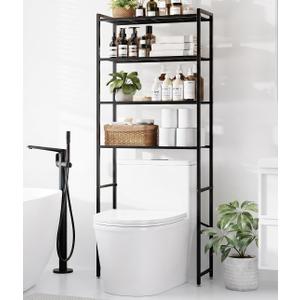 4-Tier Over The Toilet Storage Rack, Bathroom Organizer with One-Piece Metal Mesh Shelves, Over Toilet Shelf with Adjustable Feet & Anti-Tip Kit, Space-Saving Bathroom Storage, Black, 9.4"D x 24.4"W x 68.5"H