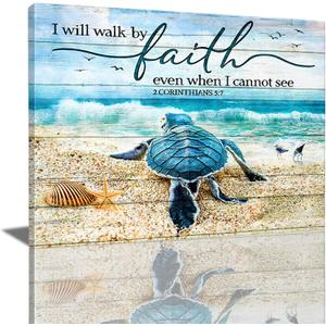 citari Sea Turtle Ocean Bathroom Decor Wall Art, Christian Religious Pictures Beach Coast Nautical Canvas Print Painting, Turtle Poster Gifts, Scripture Bible Framed Artwork for Bedroom 20"x16" (20L" x 16W", Sea Turtle Art)
