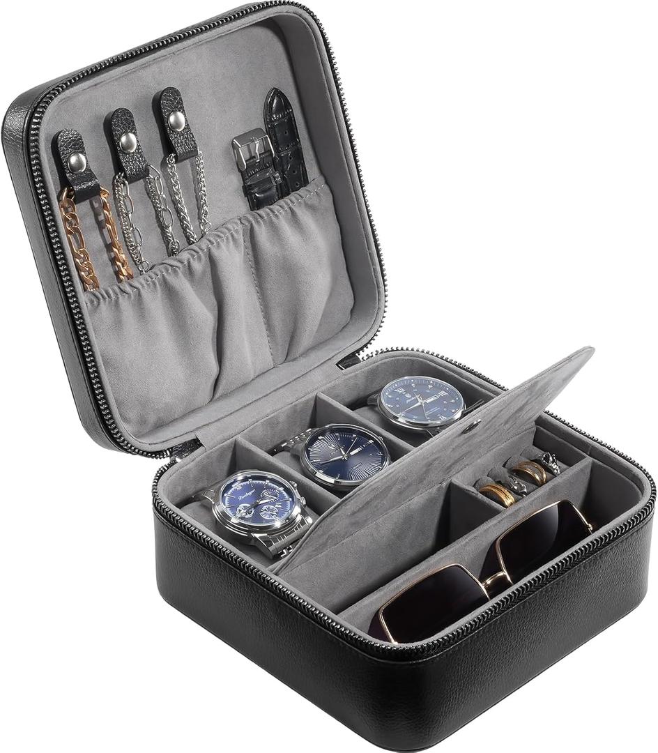ProCase Travel Watch Case, 3 Slots PU Leather Mens Jewelry Box, Portable Watches Cufflinks Accessories Storage Case, Zippered Carrying Organizer Bag for Man -Black