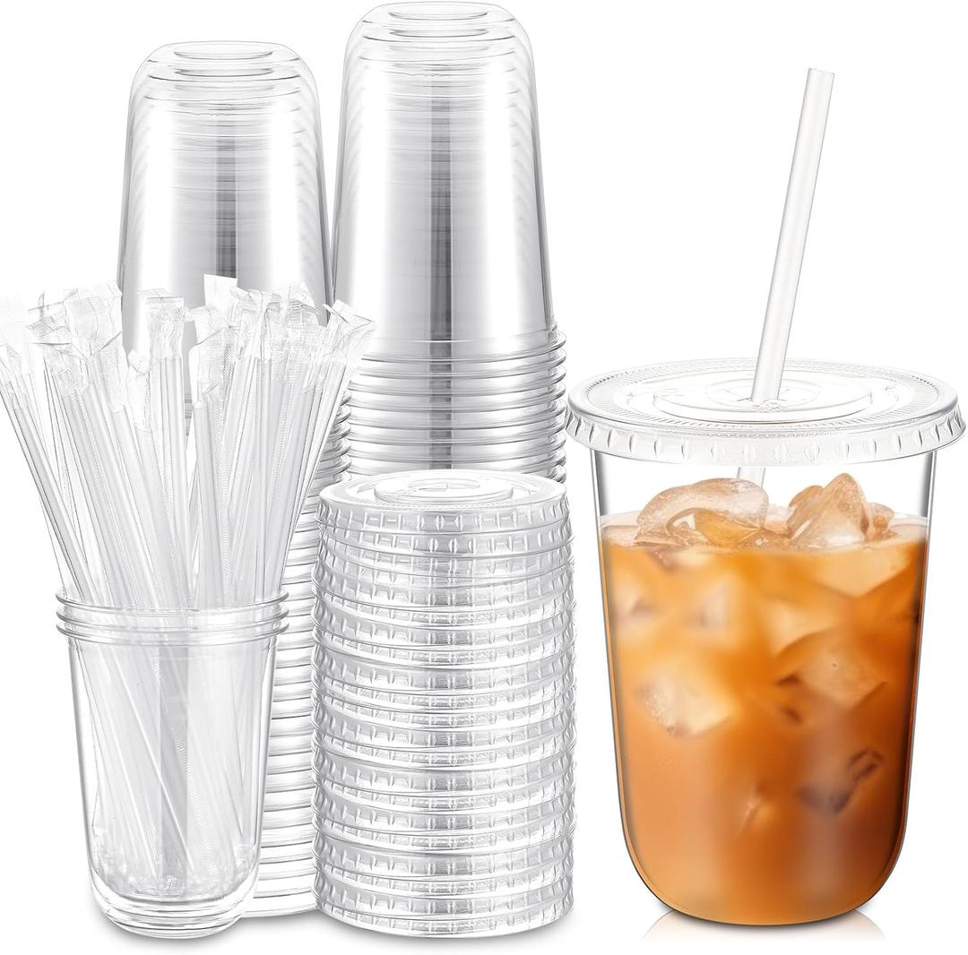 Ziliny 50 Sets Clear Plastic Cups with Lids and Straws, Disposable Iced Coffee Cups Drinking PET for Cold Drinks, Juice, Smoothie, Coffee Shops, Party, Christmas (Clear, 16 oz)