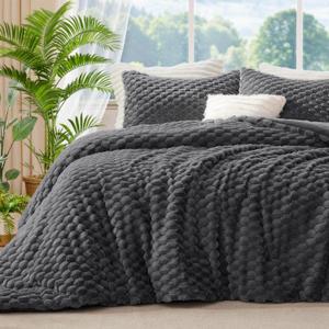 BEDELITE Fluffy King Size Comforter Set - Grey Fleece Soft Comforter for King Size Bed, Luxury Warm Bedding Set for Winter, Fuzzy Bed Set 3 Pieces (1 Comforter, 2 Pillowcases)