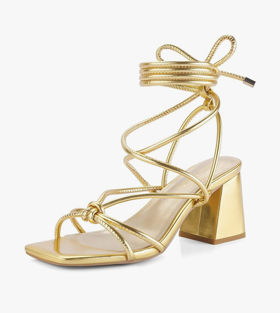 Shoe'N Tale Lace Up Heels for Women Ankle Strappy Gladiator High Heeled Sandals Chunky Block Heel Square Open Toe Criss Cross Dress Shoes 8