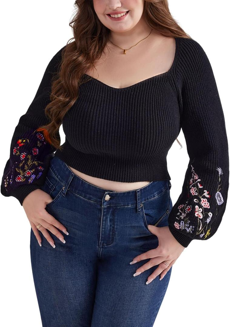 Plus Size Cropped Sweater for Curvy Women Oversized V Neck Lantern Sleeves Ribbed Knit Sweaters Long Sleeve Sweater, 2XL