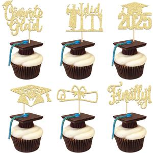 24 Pack 2025 Graduation Cupcake Toppers Gold Glitter Finally I Did It Done Diploma Grad Cap Cupcake Picks 2025 Grad Cap 2025 Cake Decorations for 2025 Graduation Party Decorations