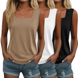 Velvelhall 3 Pack Summer Women's Tank Tops Casual Sleeveless Shirt Loose Fit Square Neck Tank Top(Small,Khaki, White, Black)