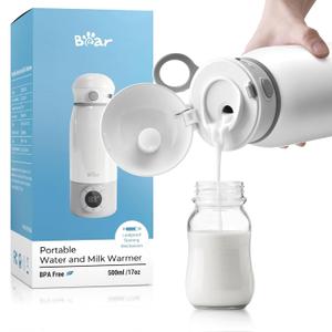 Bear Portable Bottle Warmer for Travel, Milk Warmer for Breastmilk Formula, 17oz Large Capacity Water Warmer with Precise Temp Control, Fast Heating&Long Battery for Travel Car Airplane, White