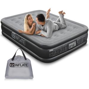 EZ INFLATE Air Mattress with Built in Pump - Queen Size Double-High Inflatable Mattress with Flocked Top - Easy Inflate, Water