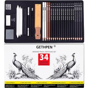 GETHPEN Sketch Pencils for Drawing,34 Pcs,Graphite Pencil (14B-4H), Charcoal Pencil,With Graphite Sticks, Erasers and Sharpener, Art Pencils for Sketching,Artist Set for Beginners and Professionals