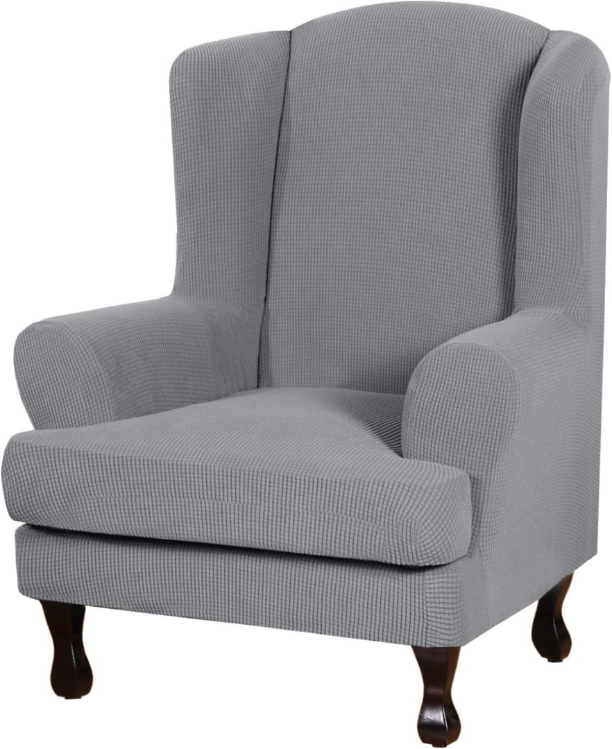 H.VERSAILTEX 2 Piece Stretch Jacquard Wingback Chair Covers Slipcovers Wing Chair Covers (Base Cover Plus Seat Cushion Cover) Furniture Covers for Wingback Chairs, Form Fitted Thick Soft, Dove