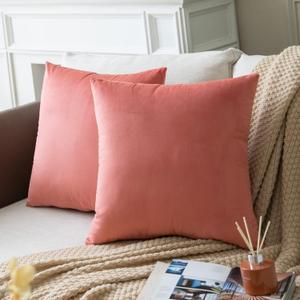 Set of 2 Salmon Pink Colored Solid Velvet Throw Pillow Covers, Cozy Soft Accent Pillow Cases for Sofa Couch Bed and Living Room - 18"x18"