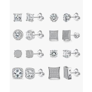 8Pairs Stud Earring of Men Women Silver Cubic Zirconia Square Round CZ Stud Earrings