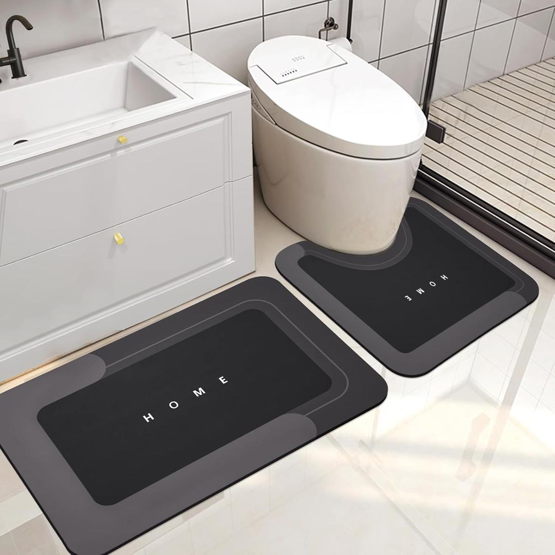 2 x Housego 2PCS Absorbent Bath Mat Magic Rug Sets, Quick Drying Bath Mat Non-Slip Floor Rug Rubber Backed for Bathroom Kitchen Shower Sink, Water Absorbent (19.7''x23.6''+19.7''x31.9'', Black)