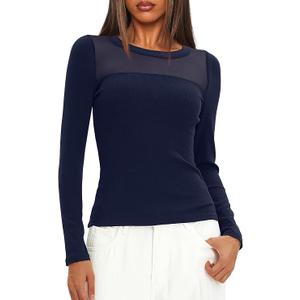 Darong Women Mesh Top Sexy Long Sleeve Sheer Shirt Crew Neck Fitted Top Side Ruched Shirt 9222 Dark Blue XL