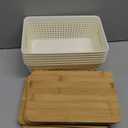 Small Storage Bins with Lids 6 Packs, Plastic Storage Basket with Bamboo Lid for Pantry Organization and Storage Containers for Shelves Drawers Desktop Closet Playroom Office Home, White