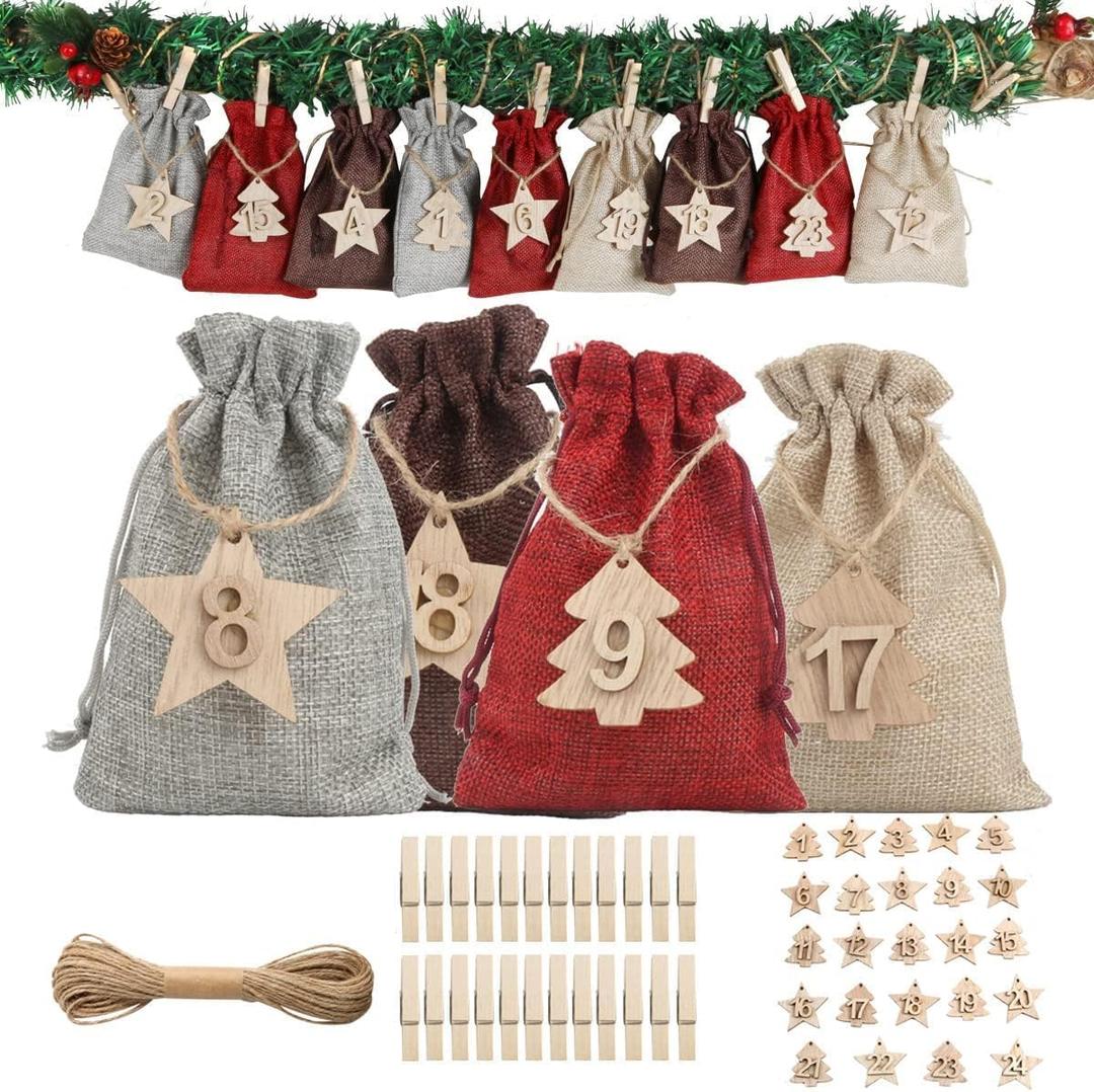 Christmas Advent Calendar Bags 24 Days DIY Countdown Calendar Drawstring Burlap Hanging Christmas Decorations Candy Chocolates Gift Bags for Xmas Holiday Home