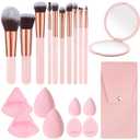 20PCS Travel Makeup Brush Set,10 Pcs Small Makeup Brushes with Mirror,Storage Bag and 8PCS Makeup Sponges for Home,Travel, Party (Pink)