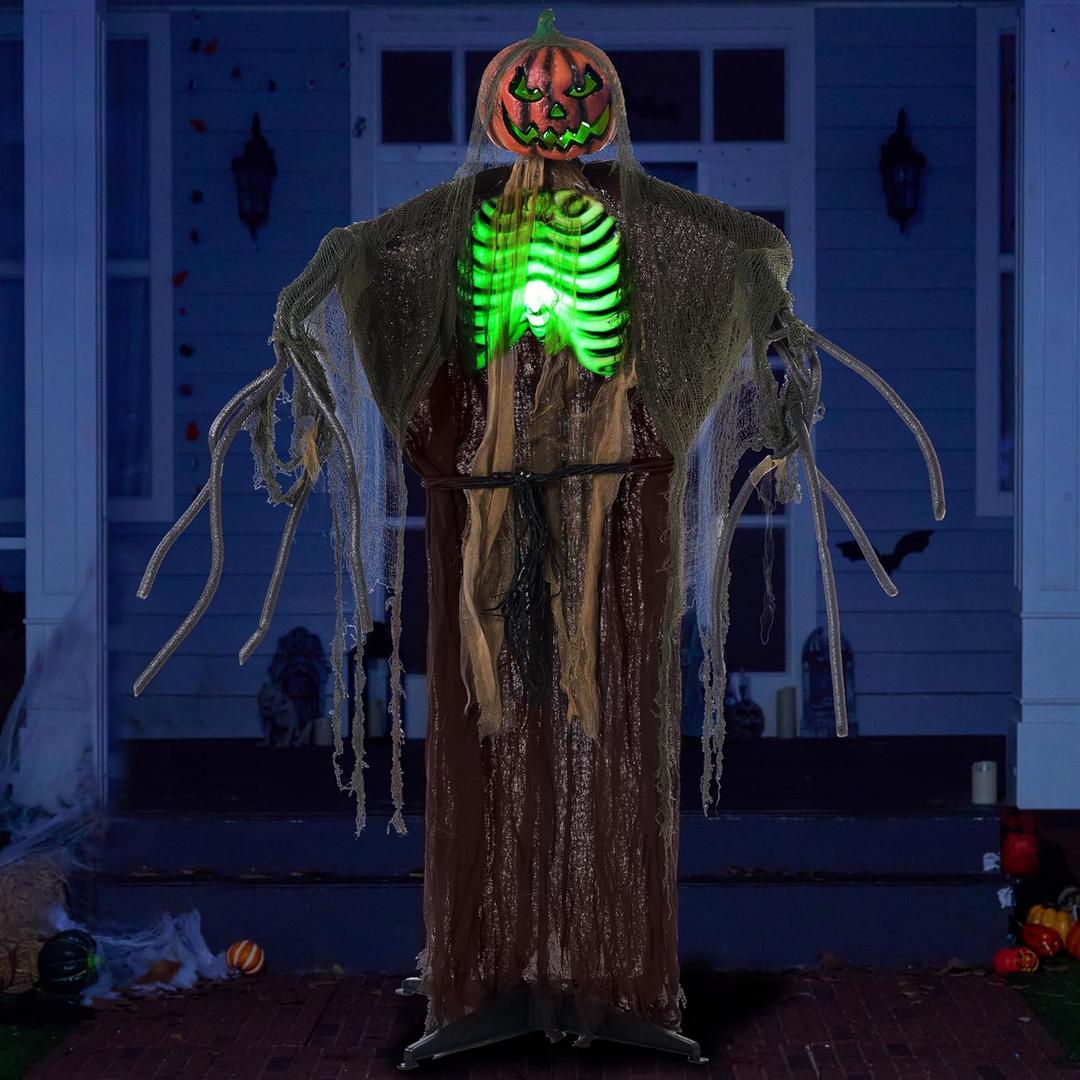 JOYIN 69" Halloween Animatronics Decorations, Outdoor Standing Pumpkin Man Ghost Life Size Decor with Motion Sound Light, Spooky Jack O' Lantern Props for Yard Haunted House