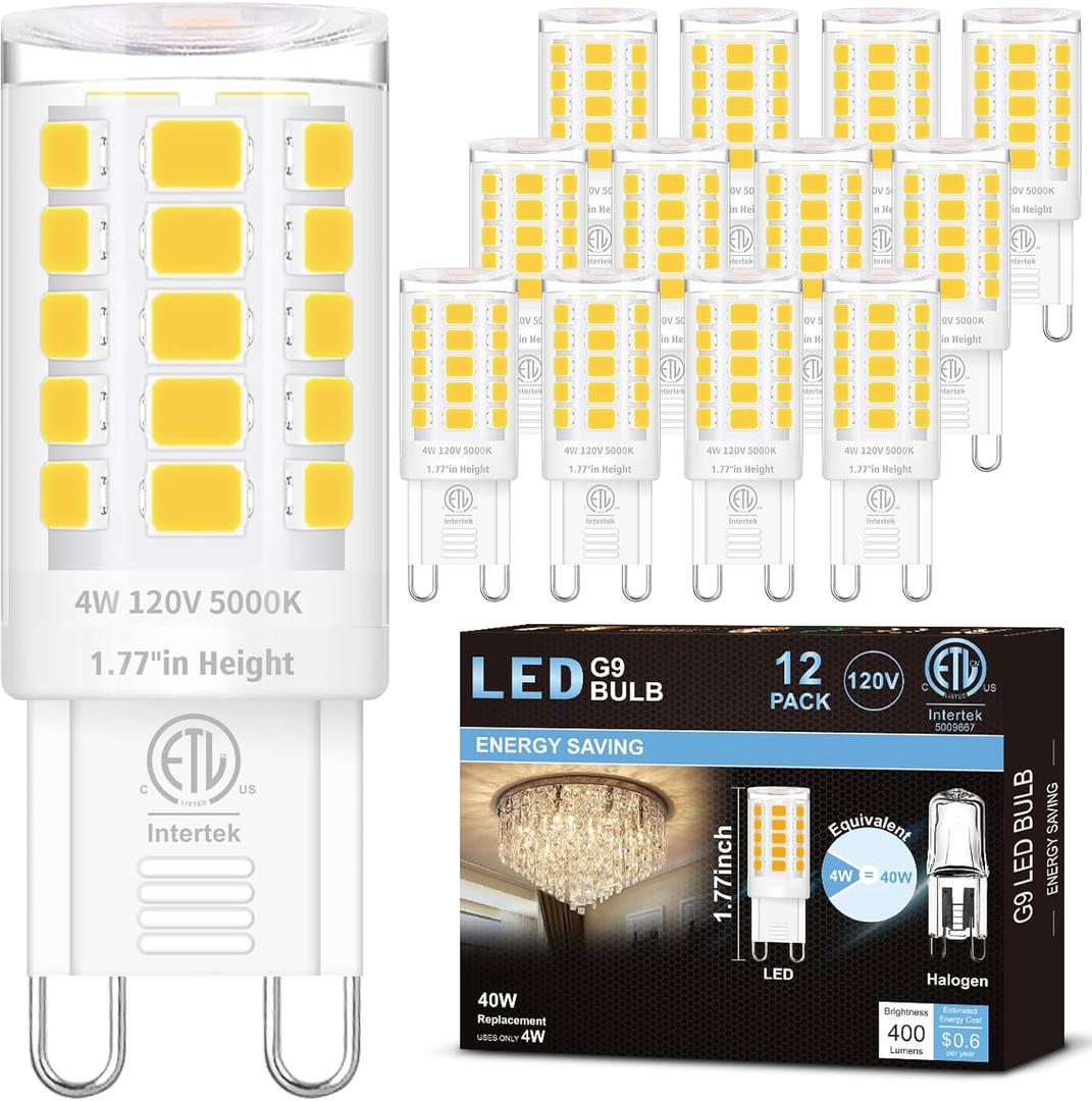 Hansnag 12 Pack G9 LED Bulb for Crystal Chandelier, 5000K Bright Daylight, T4 Short Light Bulb with G9 Ceramic Bin-pin Base, Height 1.77 inch, 4W(40W Halogen Equivalent), 400LM, AC 120V, Non-Dimmable