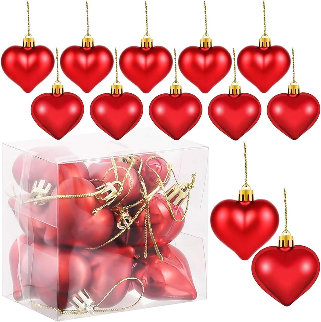 Set of 12 Red Heart Ornaments for Christmas Valentine Tree Decorations, 1.8 inch Mini Valentines Ornaments for Small Tree, Heart Shaped Plastic Shatterproof Hanging Balls Holiday Party Decor